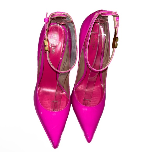 VALENTINO GARAVANI Tan-Go 155 Hot Pink Patent Platform Pumps 39 Logo New FLAW - Picture 4 of 14